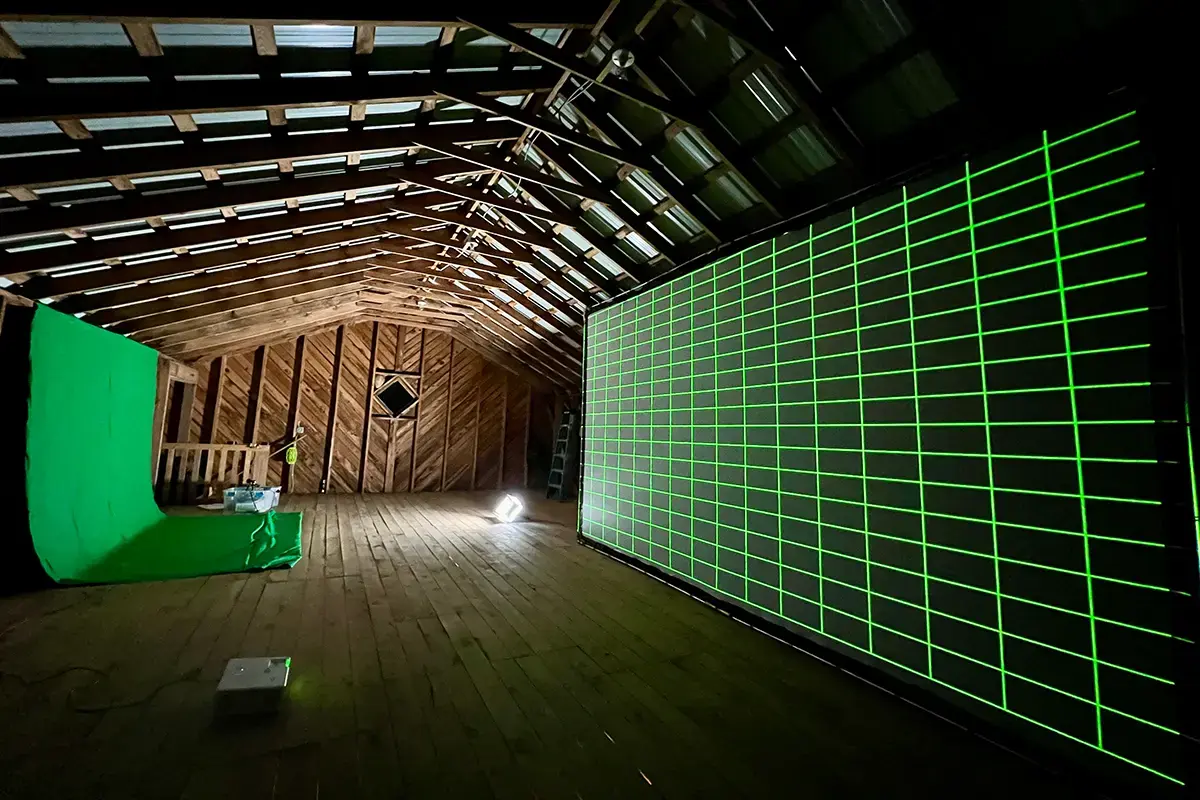 Interior of a barn studio in the Swannanoa Valley — field lab workspace for immersive media